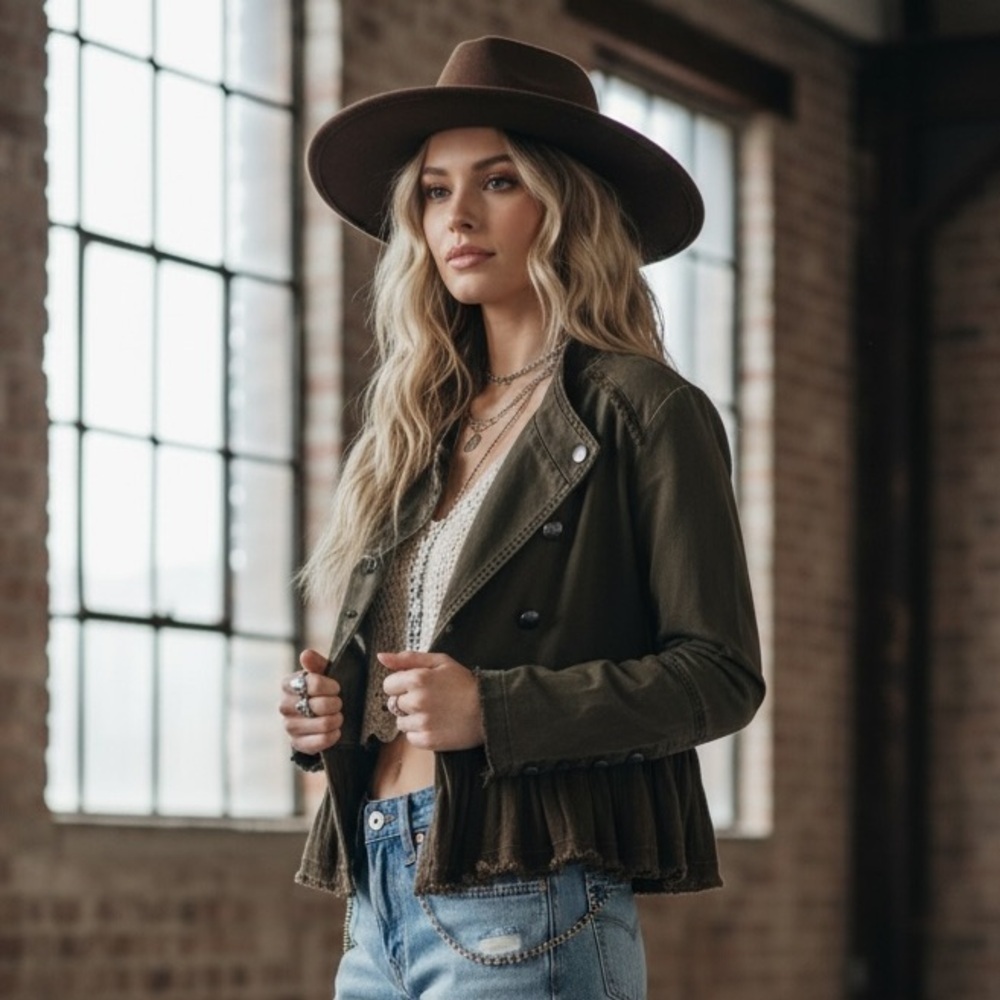 New Free People Flared Ruffle Hem Military Button Jacket Olive Army Green - Picture 3 of 13